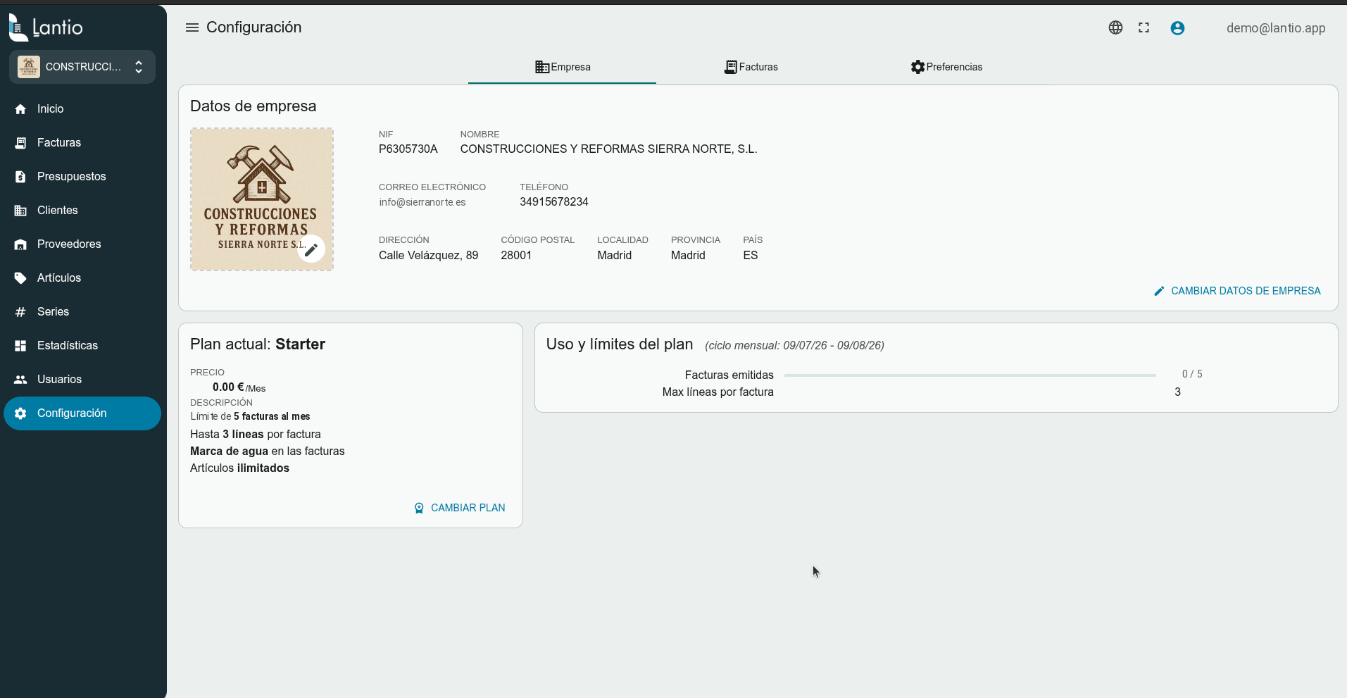 Pantalla de configuración de empresa en Lantio, plan con 5 facturas al mes
